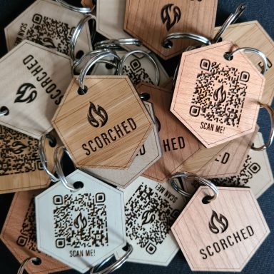 Hexagonal shaped engraved wooden keyrings